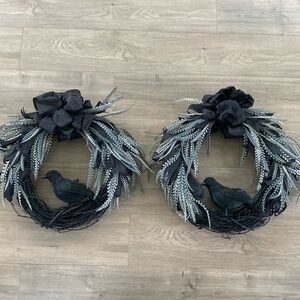 (2) Halloween Black Crow and Ribbon Wreaths